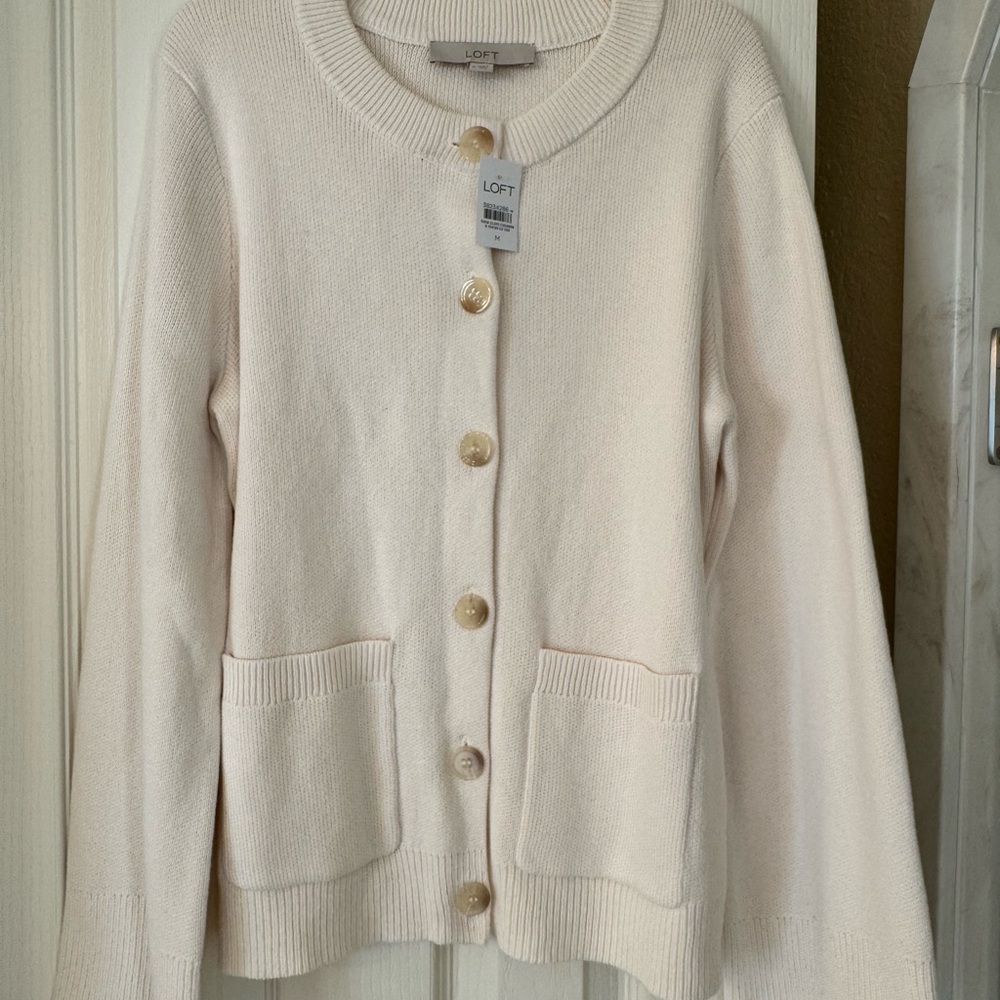 LOFT Cream Button-Front Pocket Cardigan